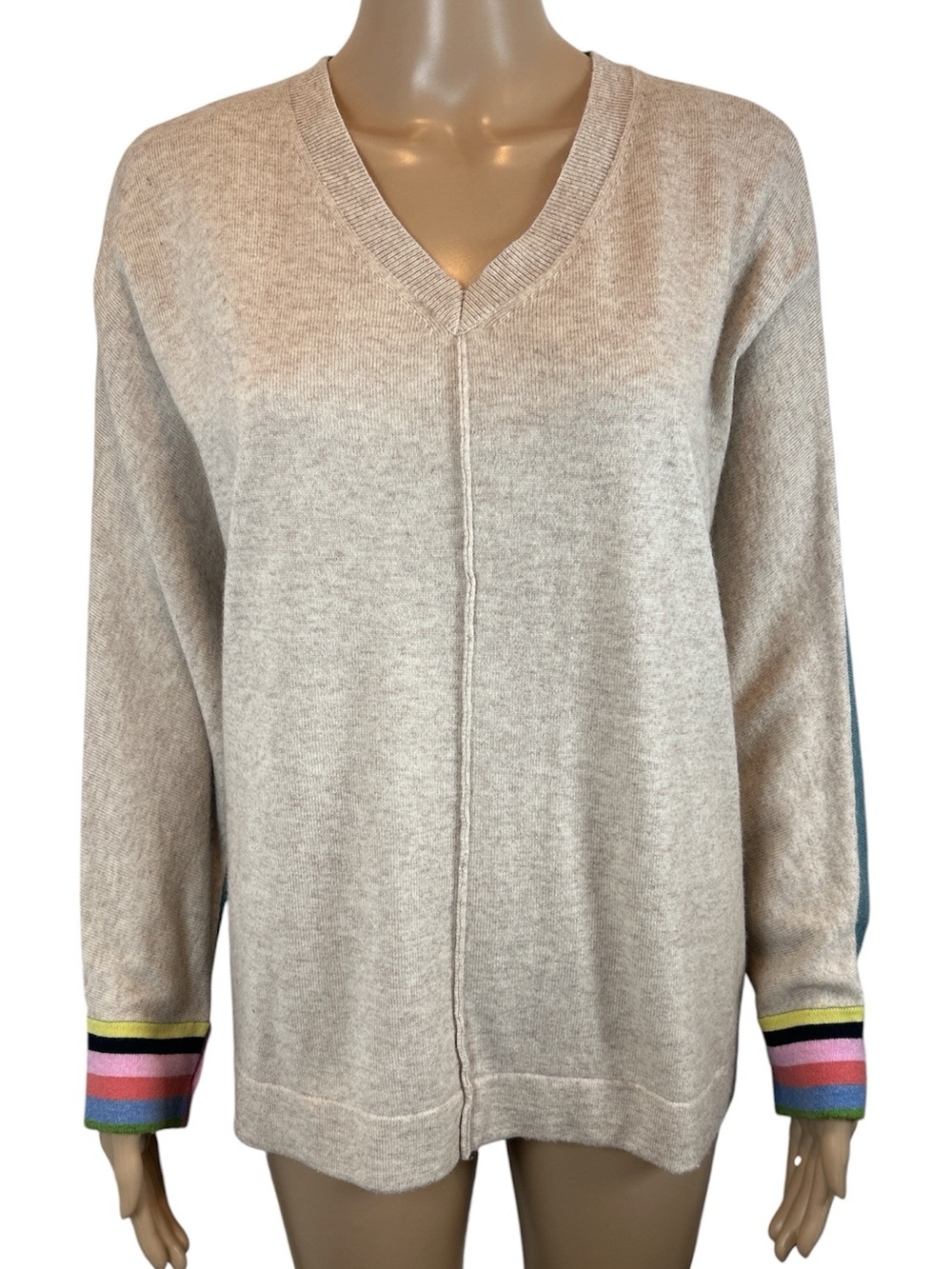Villagallo Womenโs V-Neck Sweater with Color-Strip Cuffs size L